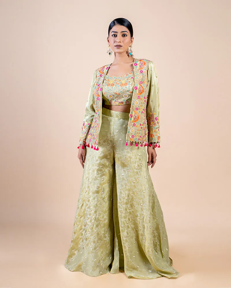 Green Palazzo with Floral Embroidered Crop Top and Jacket Set