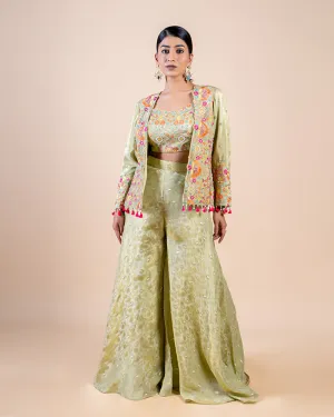 Green Palazzo with Floral Embroidered Crop Top and Jacket Set