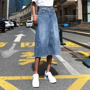 High Waist Thigh Split Denim Mid-Length Thin A-Line Skirt Wholesale Womens Clothing