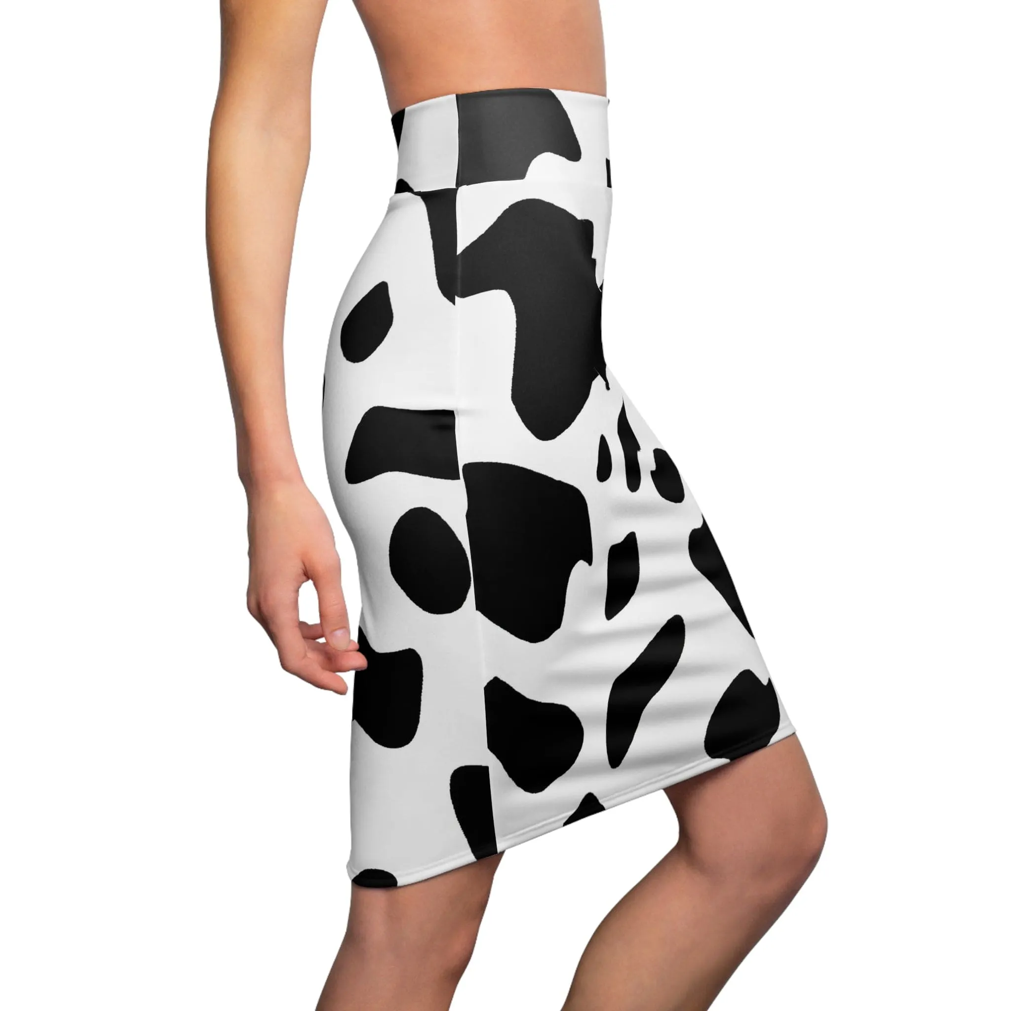 High Waist Womens Pencil Skirt - Contour Stretch - Black and White Abstract Cow Print Pattern