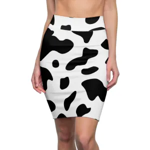 High Waist Womens Pencil Skirt - Contour Stretch - Black and White Abstract Cow Print Pattern
