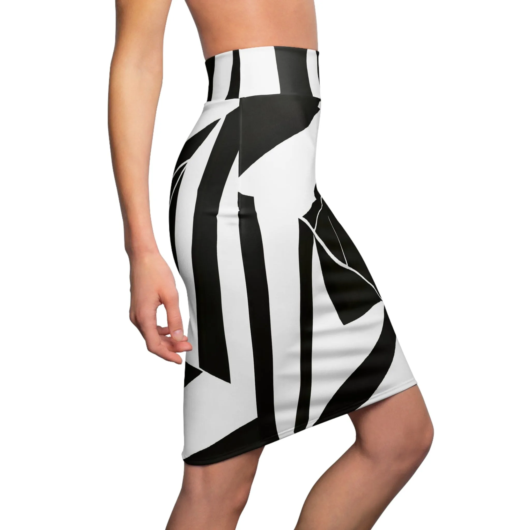 High Waist Womens Pencil Skirt - Contour Stretch - Black and White Geometric Pattern