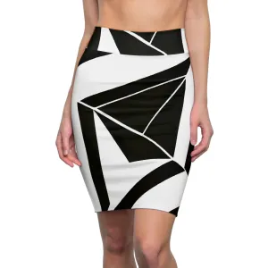High Waist Womens Pencil Skirt - Contour Stretch - Black and White Geometric Pattern