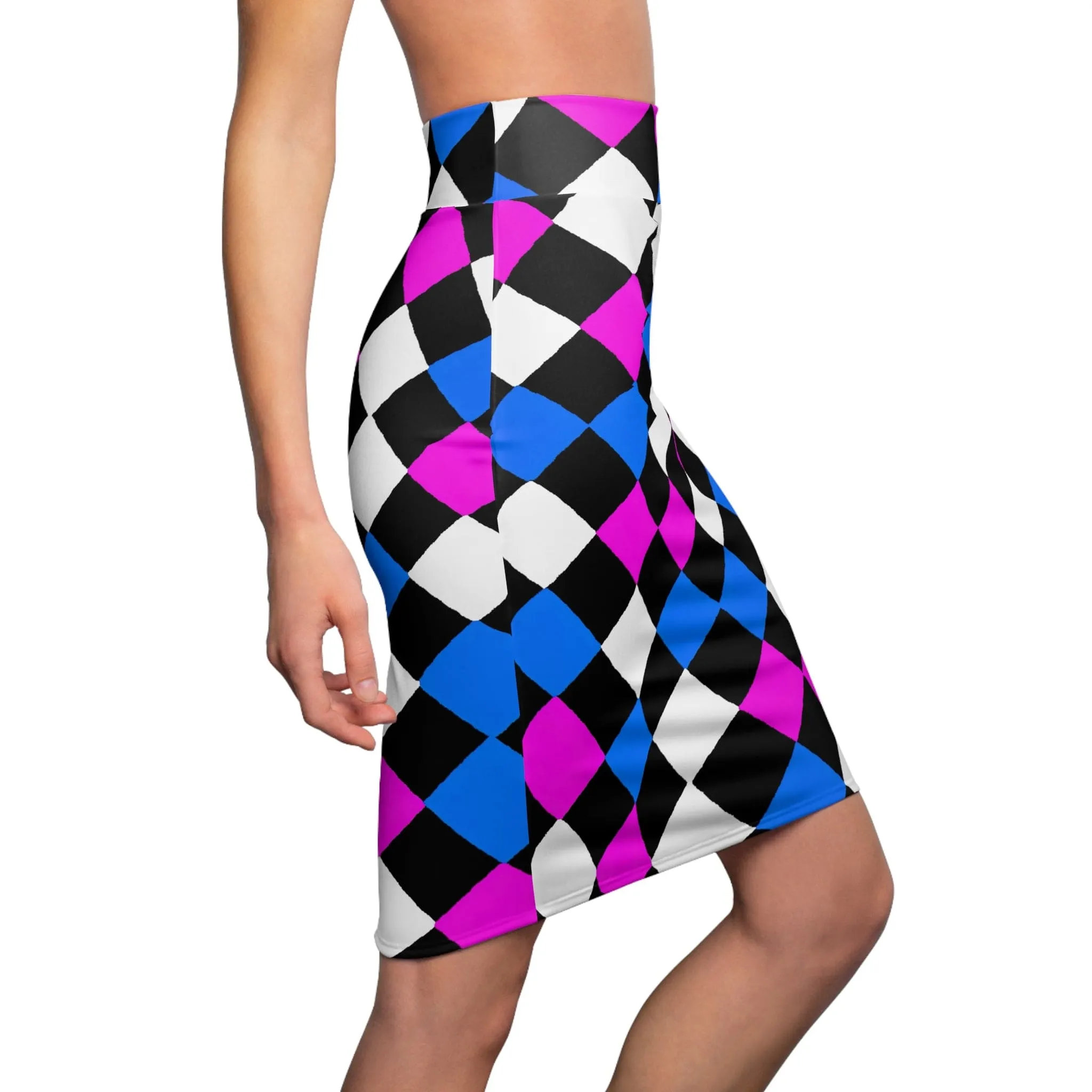 High Waist Womens Pencil Skirt - Contour Stretch - Black Pink Blue Checkered Illustration