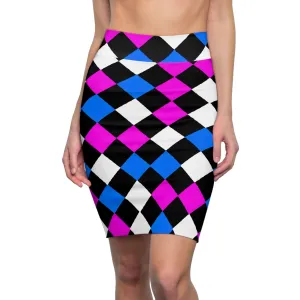 High Waist Womens Pencil Skirt - Contour Stretch - Black Pink Blue Checkered Illustration