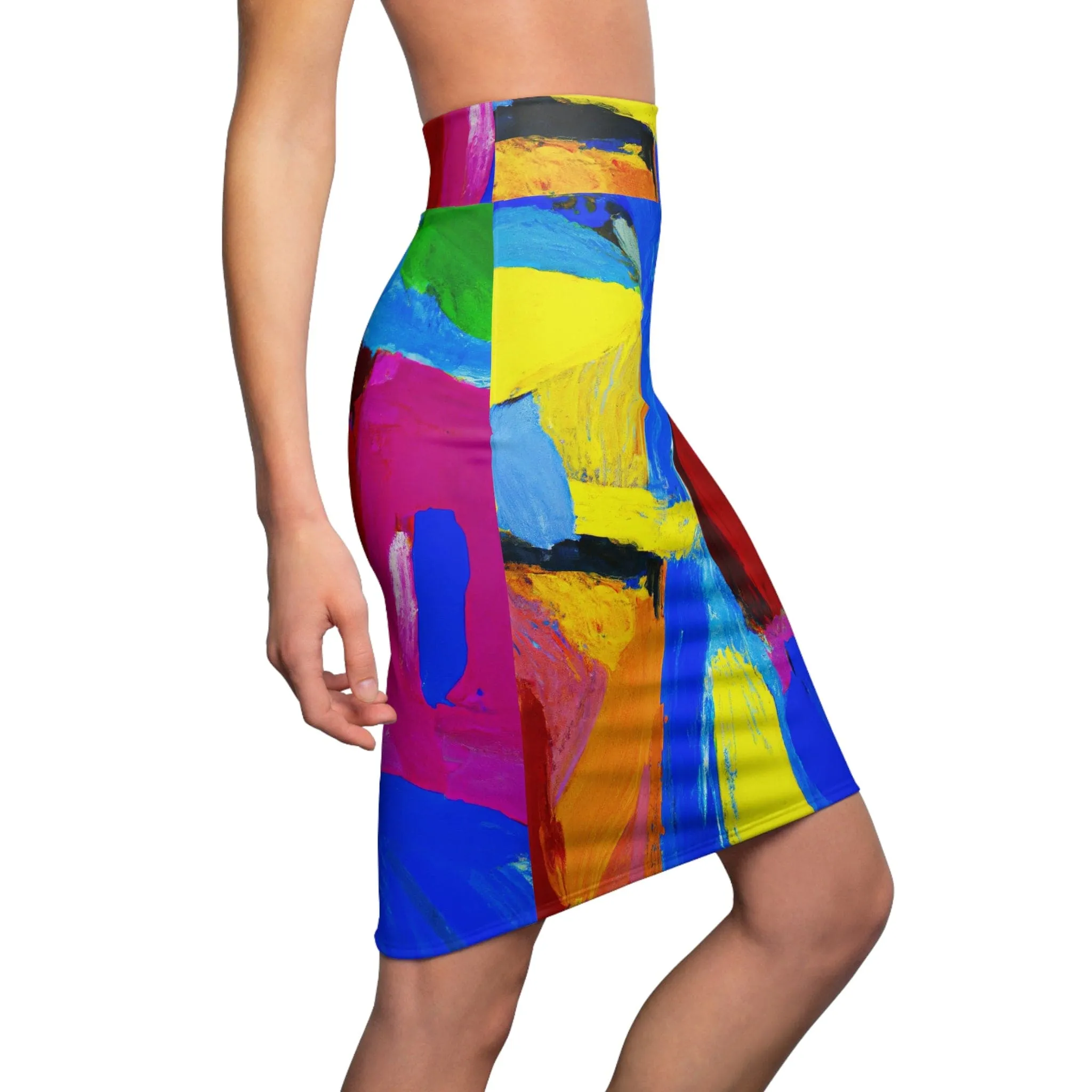 High Waist Womens Pencil Skirt - Contour Stretch - Blue Red Yellow Multicolor Abstract Pattern