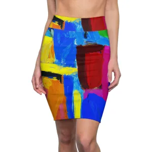 High Waist Womens Pencil Skirt - Contour Stretch - Blue Red Yellow Multicolor Abstract Pattern