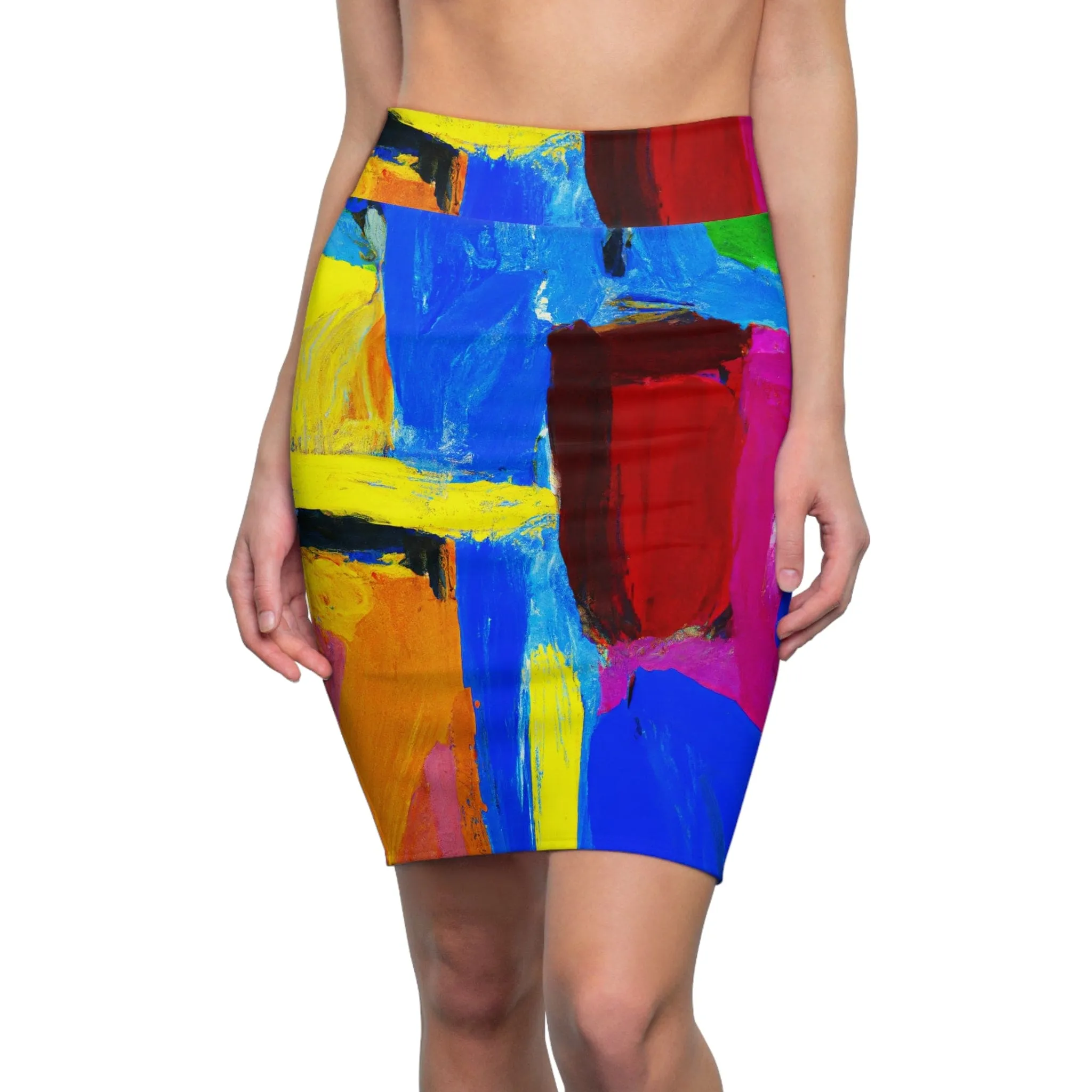 High Waist Womens Pencil Skirt - Contour Stretch - Blue Red Yellow Multicolor Abstract Pattern