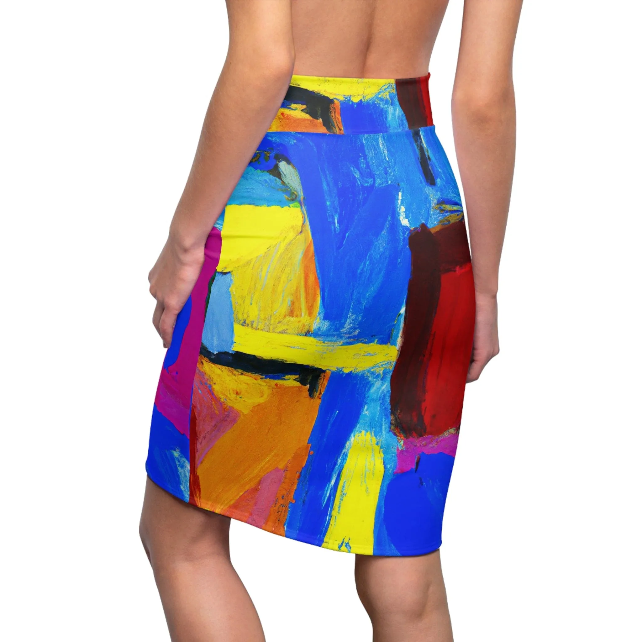 High Waist Womens Pencil Skirt - Contour Stretch - Blue Red Yellow Multicolor Abstract Pattern
