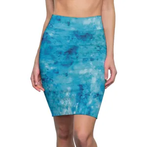 High Waist Womens Pencil Skirt - Contour Stretch - Light and Dark Blue Marble Illustration