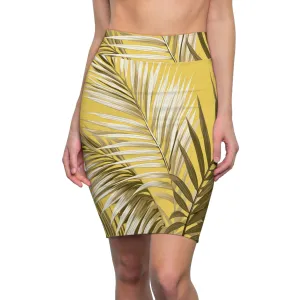 High Waist Womens Pencil Skirt - Contour Stretch - Palm Tree Brown and White Leaves with Yellow Background Minimalist Art