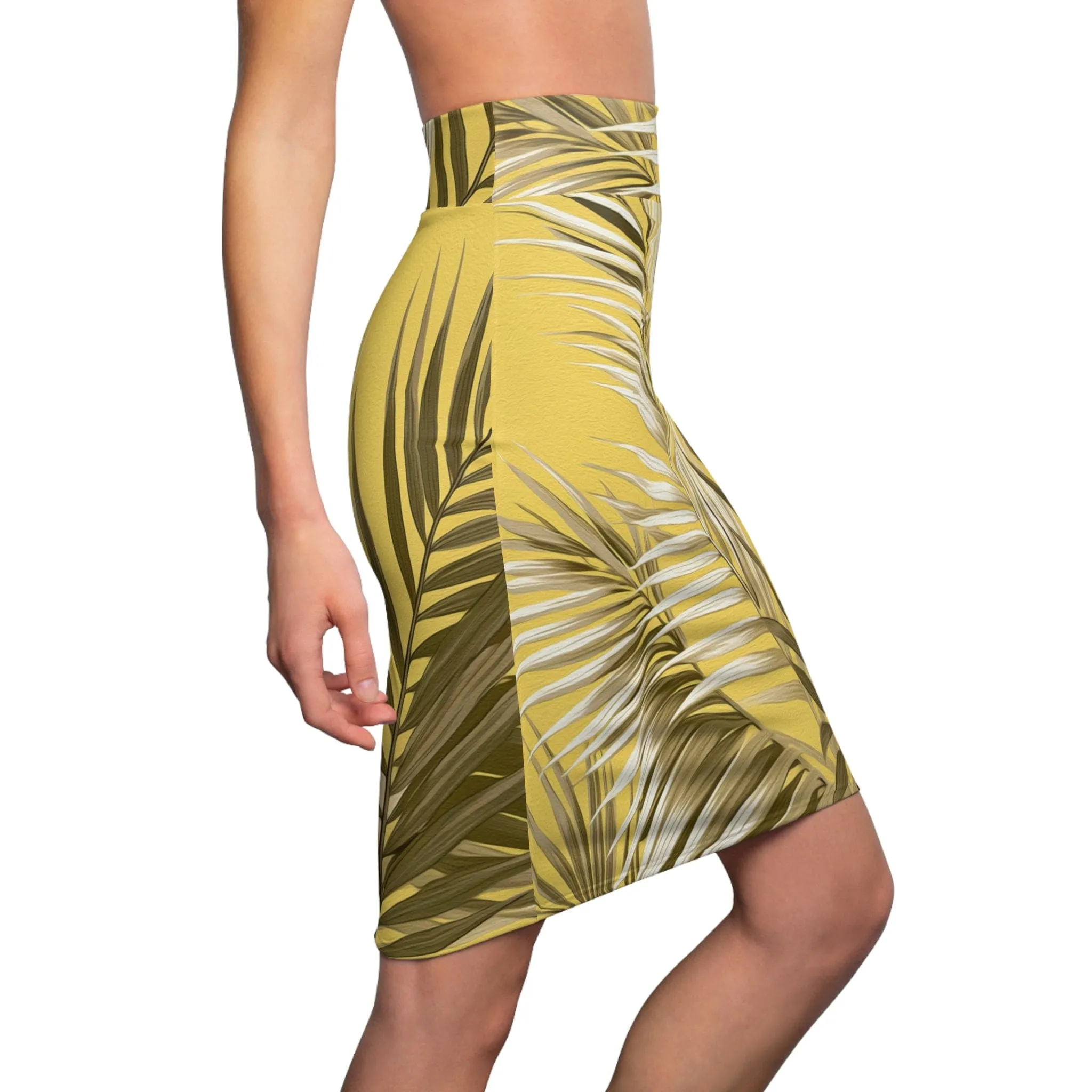 High Waist Womens Pencil Skirt - Contour Stretch - Palm Tree Brown and White Leaves with Yellow Background Minimalist Art