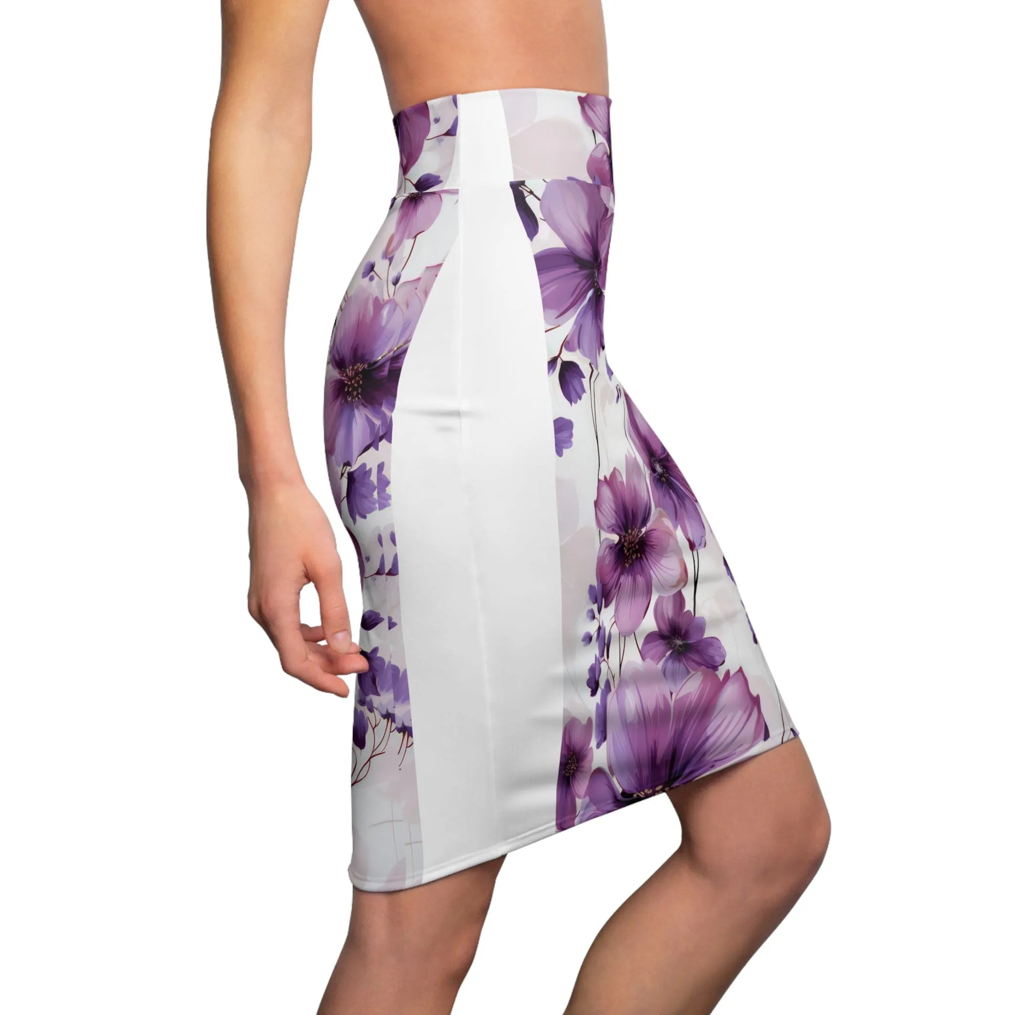 High Waist Womens Pencil Skirt - Contour Stretch - Purple and Violet Botanical Blooms: Floral Illustration