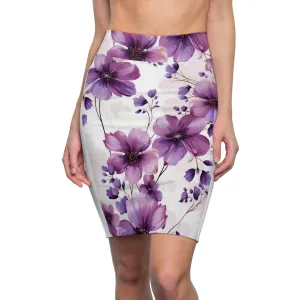High Waist Womens Pencil Skirt - Contour Stretch - Purple and Violet Botanical Blooms: Floral Illustration
