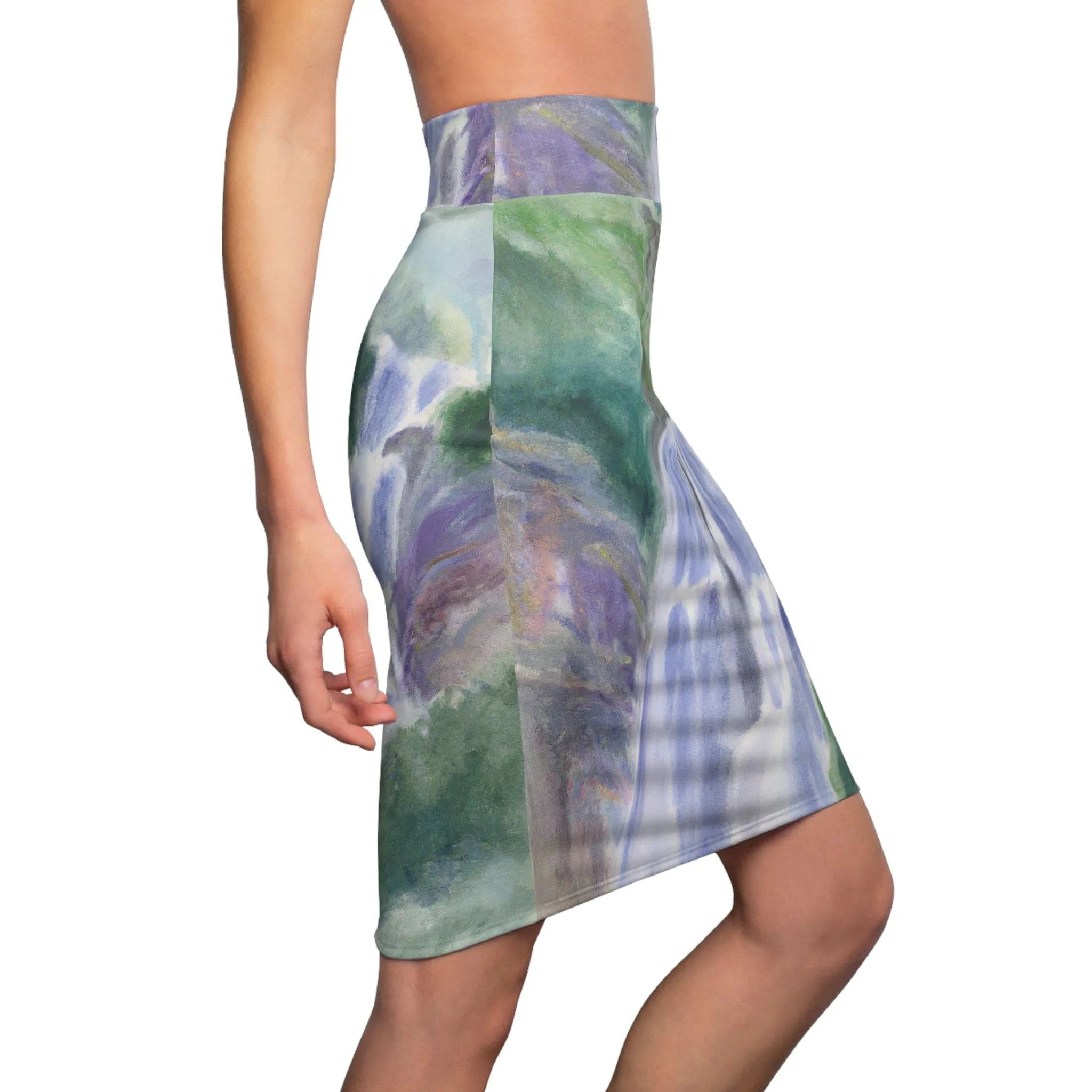 High Waist Womens Pencil Skirt - Contour Stretch - Purple Watercolor Waterfall Green Landscape Nature Print