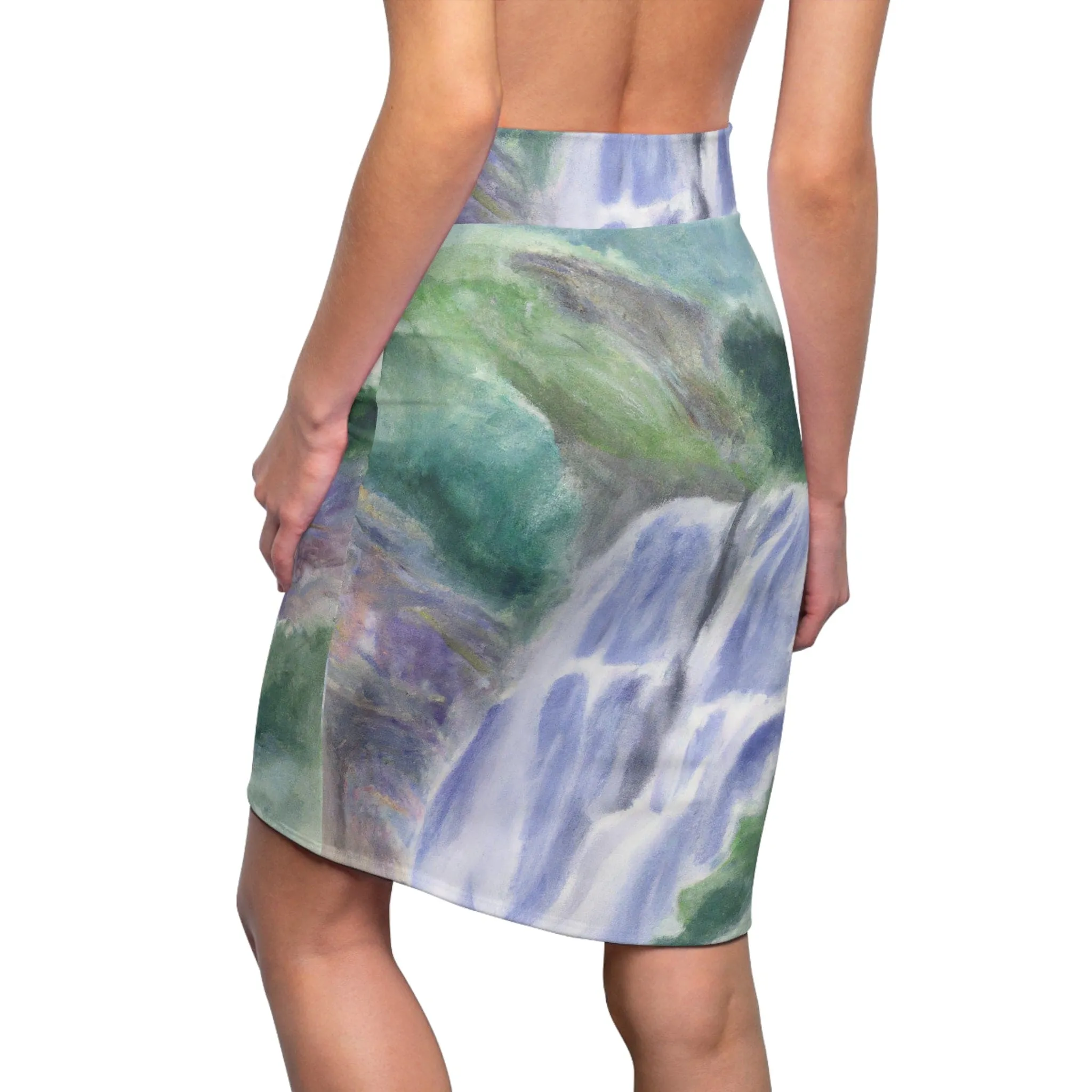 High Waist Womens Pencil Skirt - Contour Stretch - Purple Watercolor Waterfall Green Landscape Nature Print