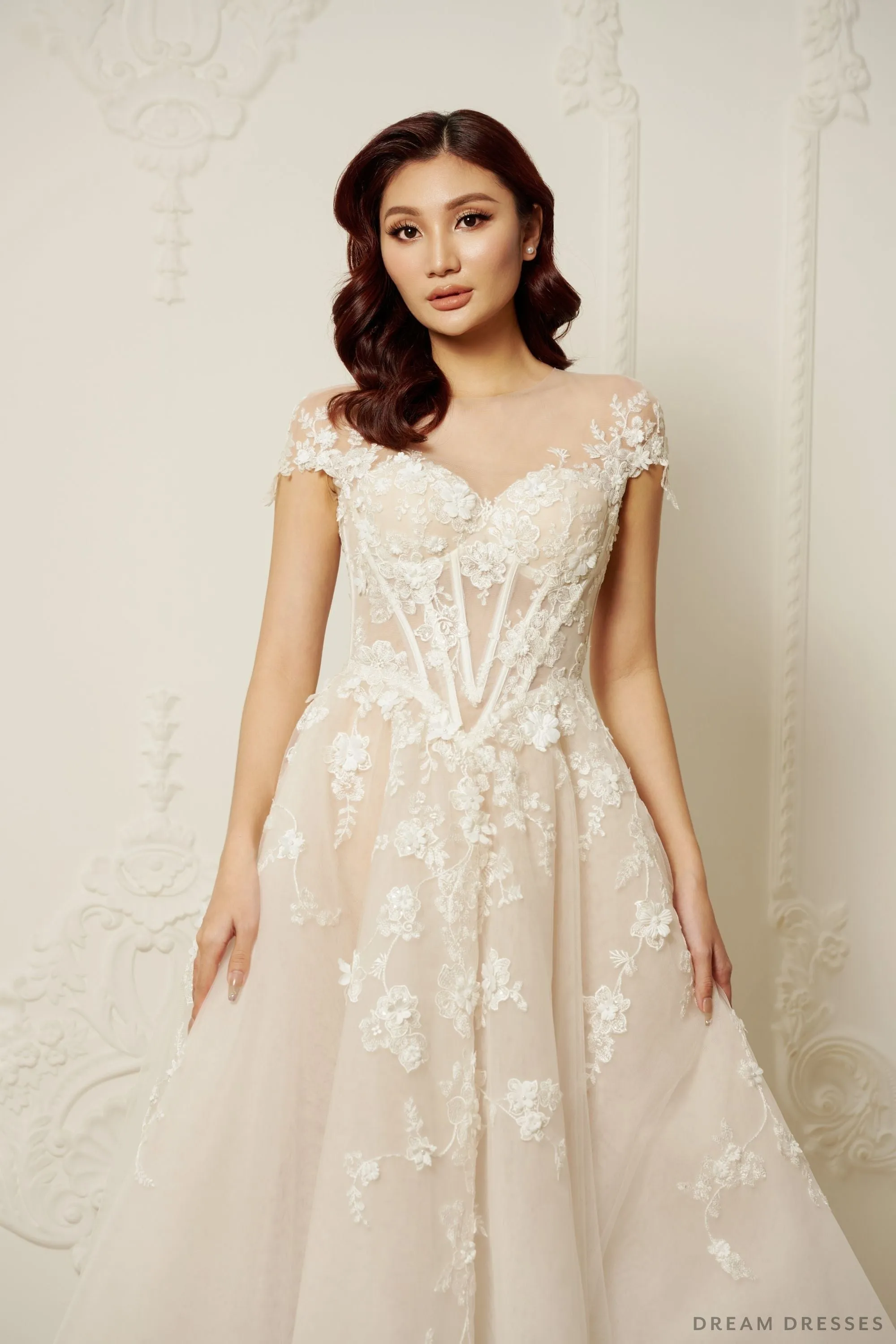 Illusion Neckline Ball Gown with Floral Lace (#JOELLE)