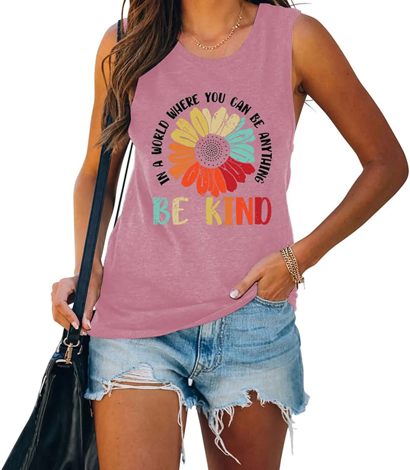 in A World Where You Can Be Anything Be Kind Sleeveless Shirt for Women Sunflower Tank Top