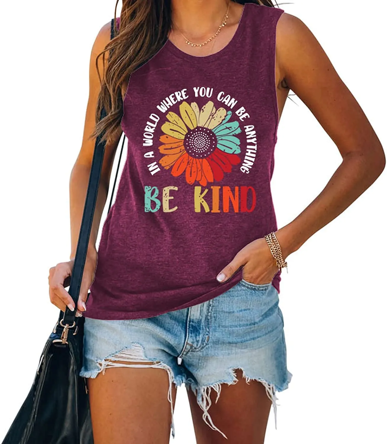 in A World Where You Can Be Anything Be Kind Sleeveless Shirt for Women Sunflower Tank Top