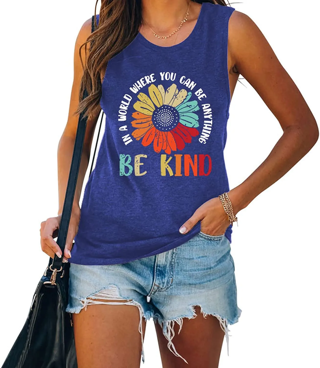 in A World Where You Can Be Anything Be Kind Sleeveless Shirt for Women Sunflower Tank Top
