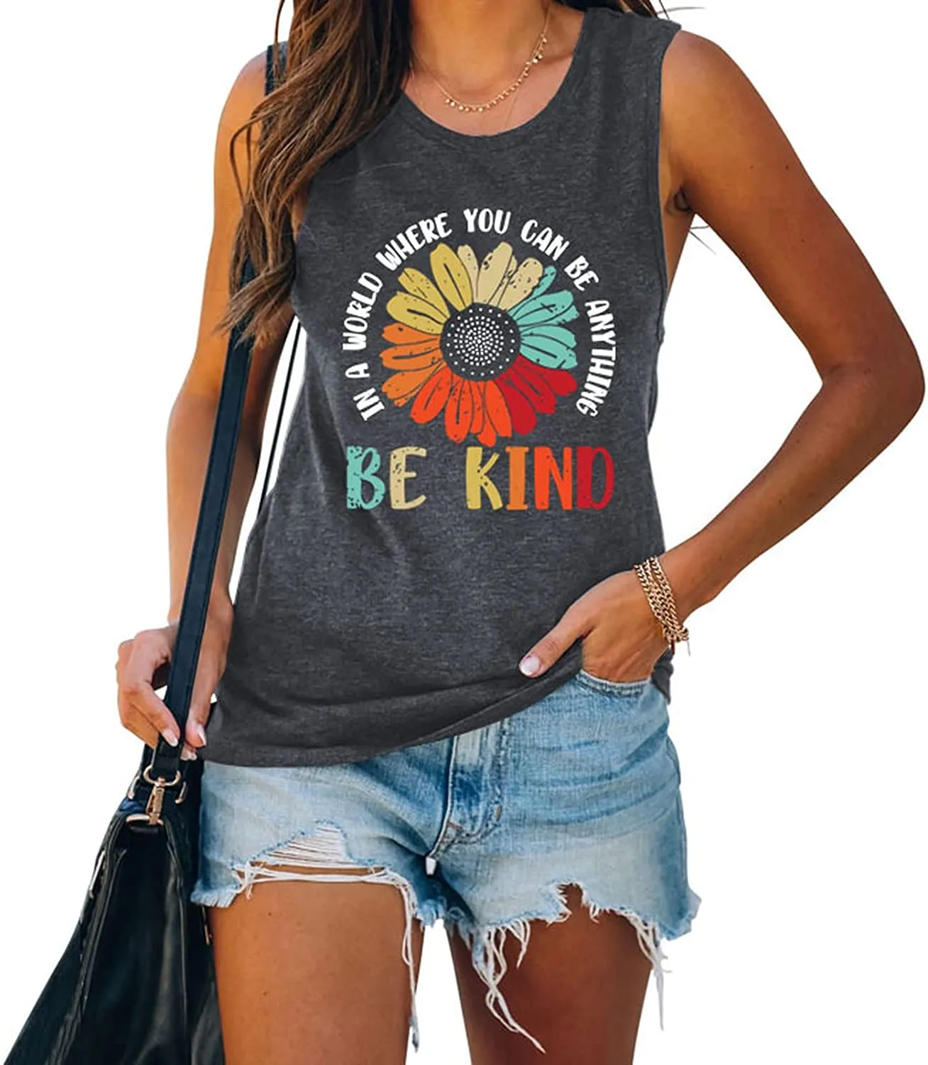 in A World Where You Can Be Anything Be Kind Sleeveless Shirt for Women Sunflower Tank Top