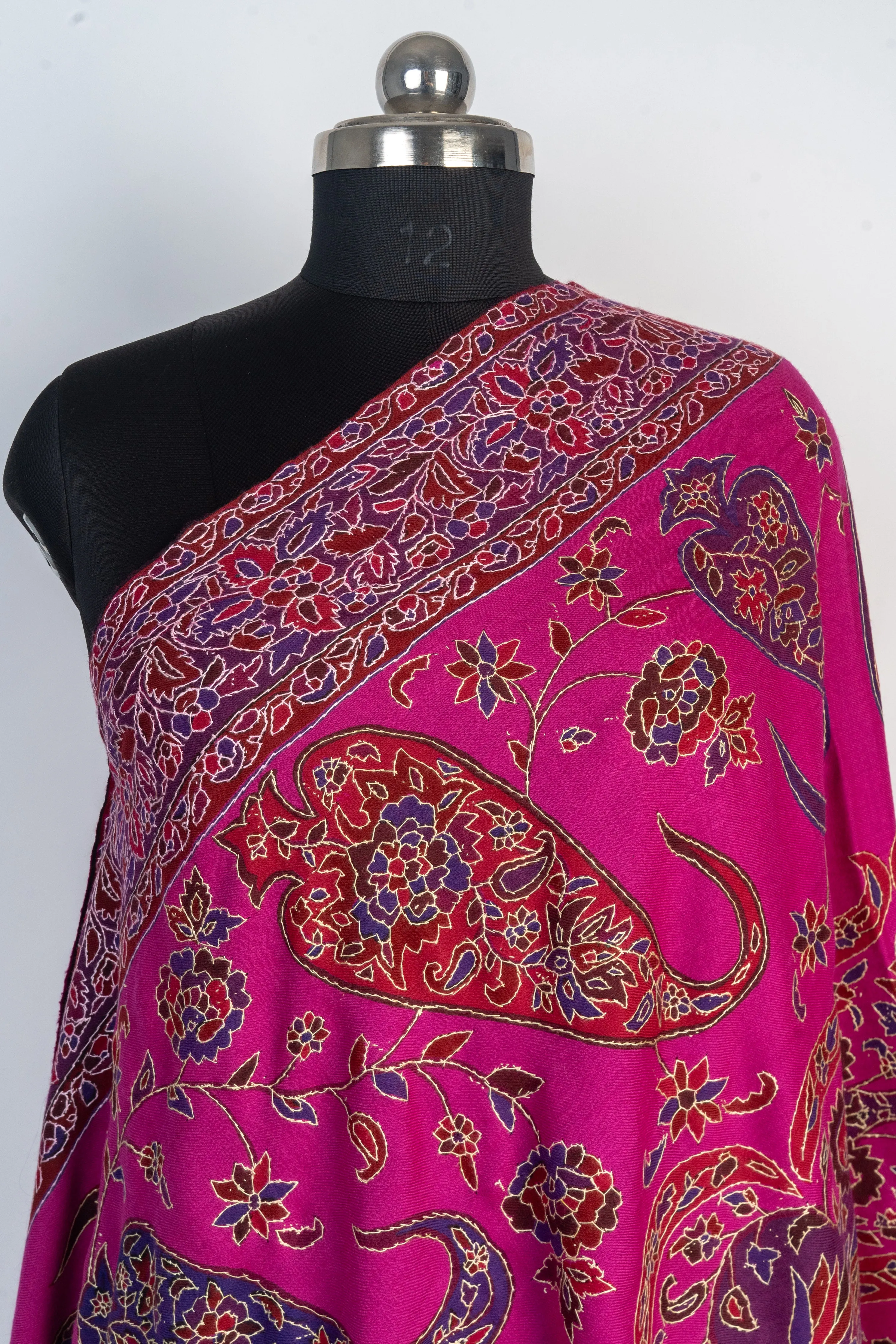 Kalamkari Shawl: Sozni Hand-Embroidered Merino Wool Shawl