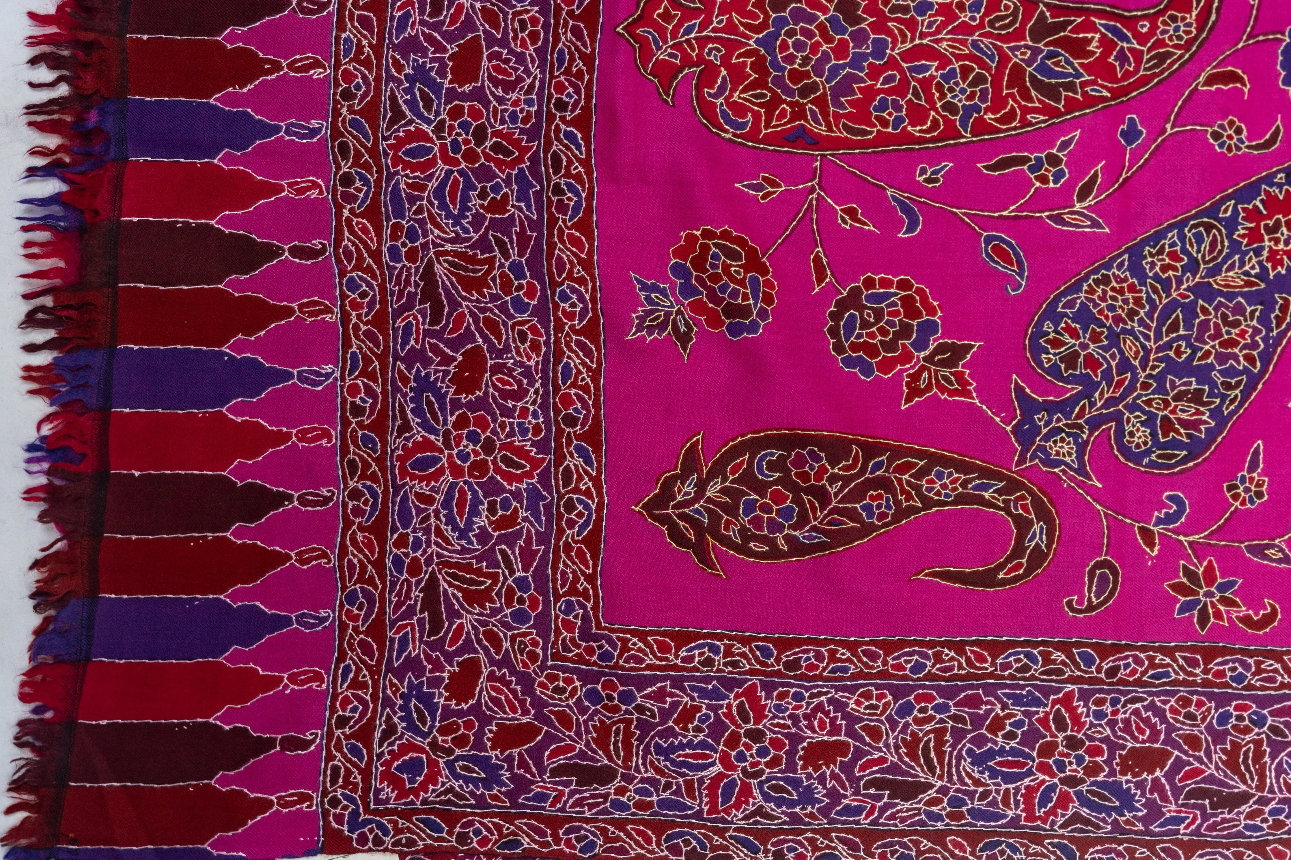Kalamkari Shawl: Sozni Hand-Embroidered Merino Wool Shawl