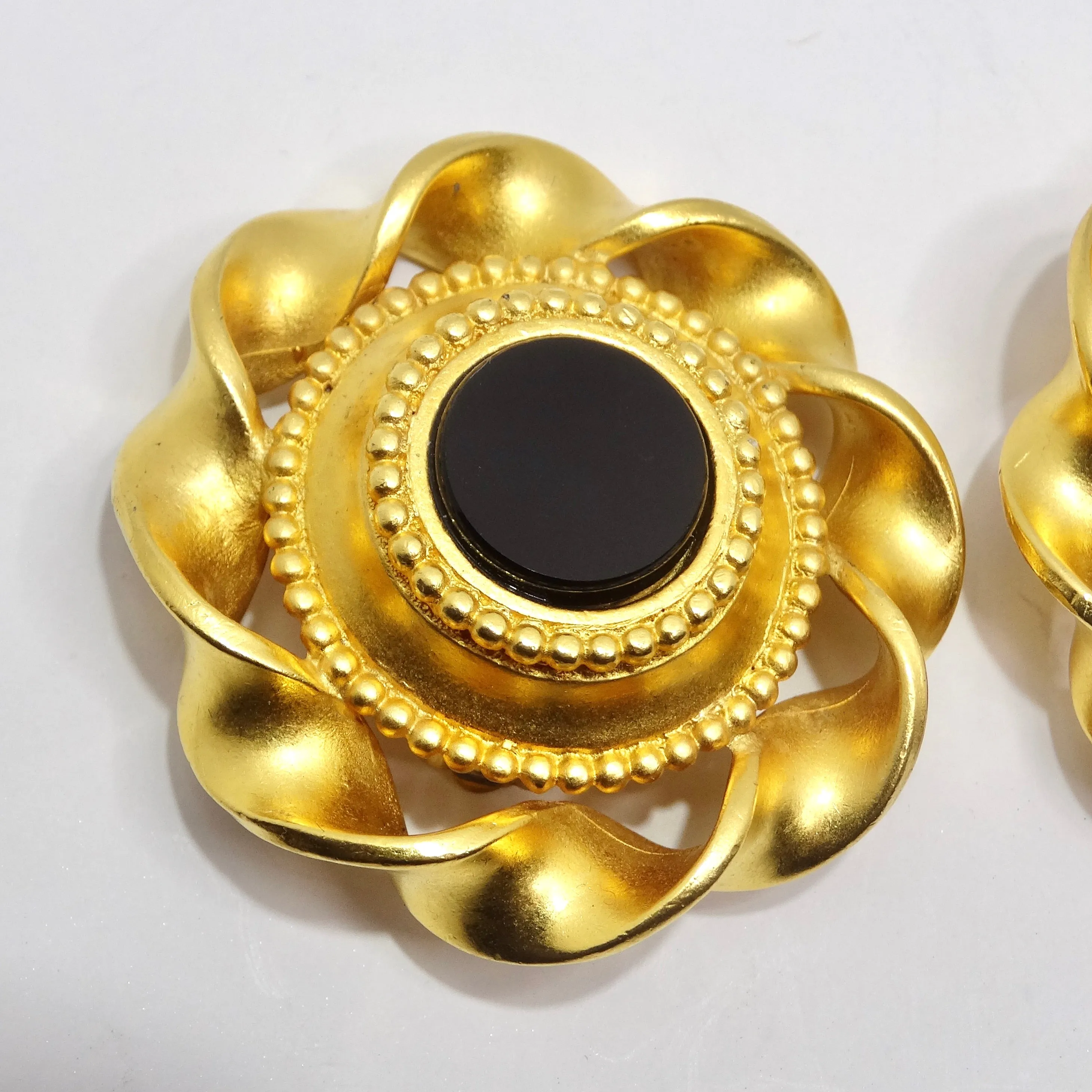 Karl Lagerfeld 1980s Gold Tone Black Stone Clip On Earrings