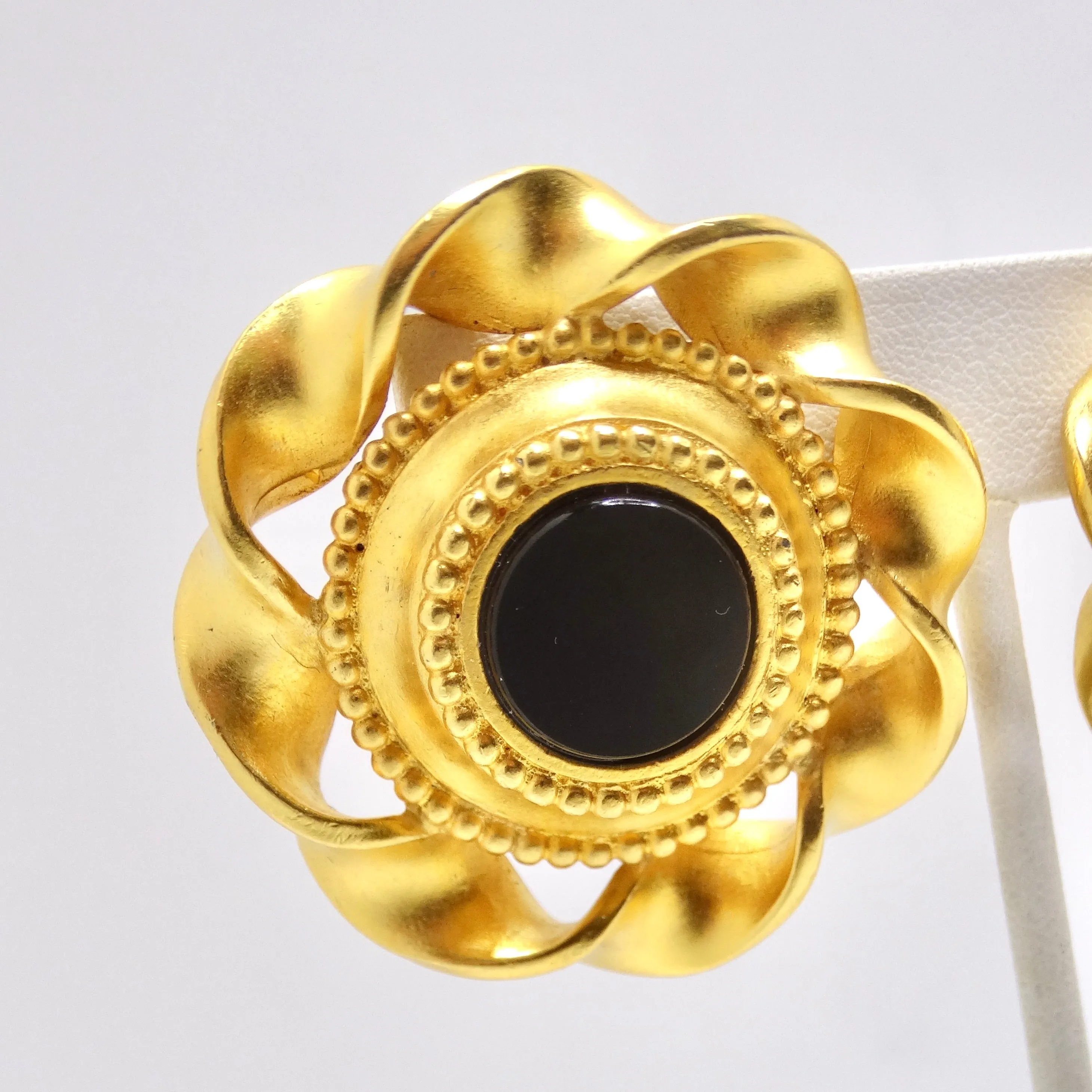 Karl Lagerfeld 1980s Gold Tone Black Stone Clip On Earrings