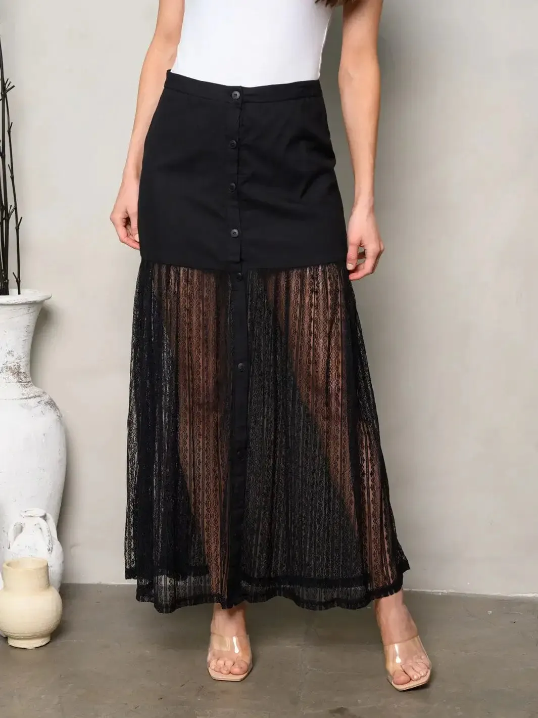 LACE LONG MAXI SKIRT WITH BUTTONS DETAILED