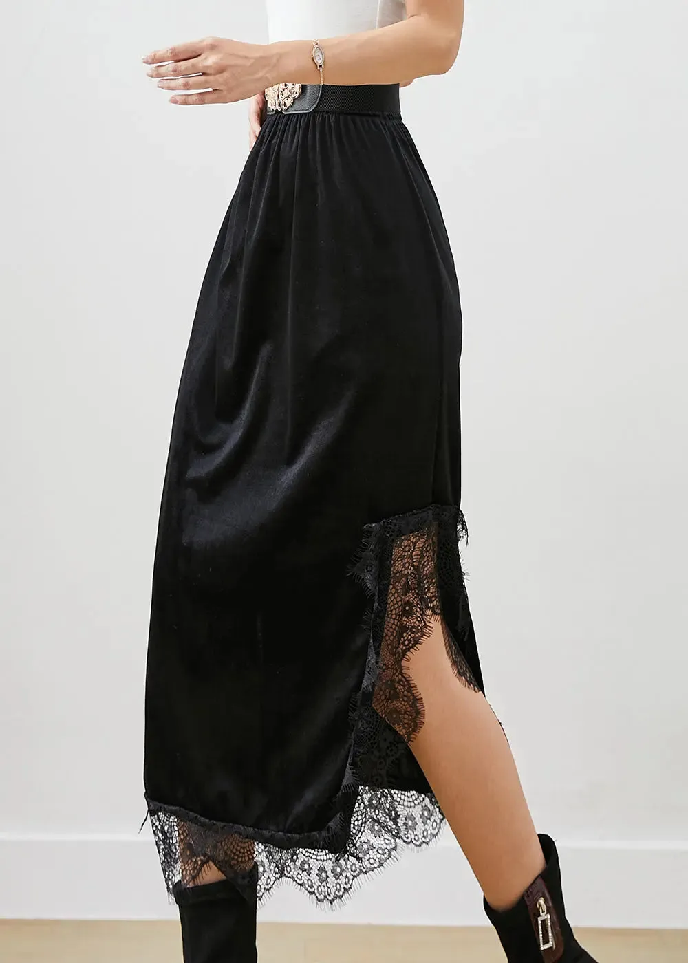 Lace Side Open Silk Velour Skirts Fall