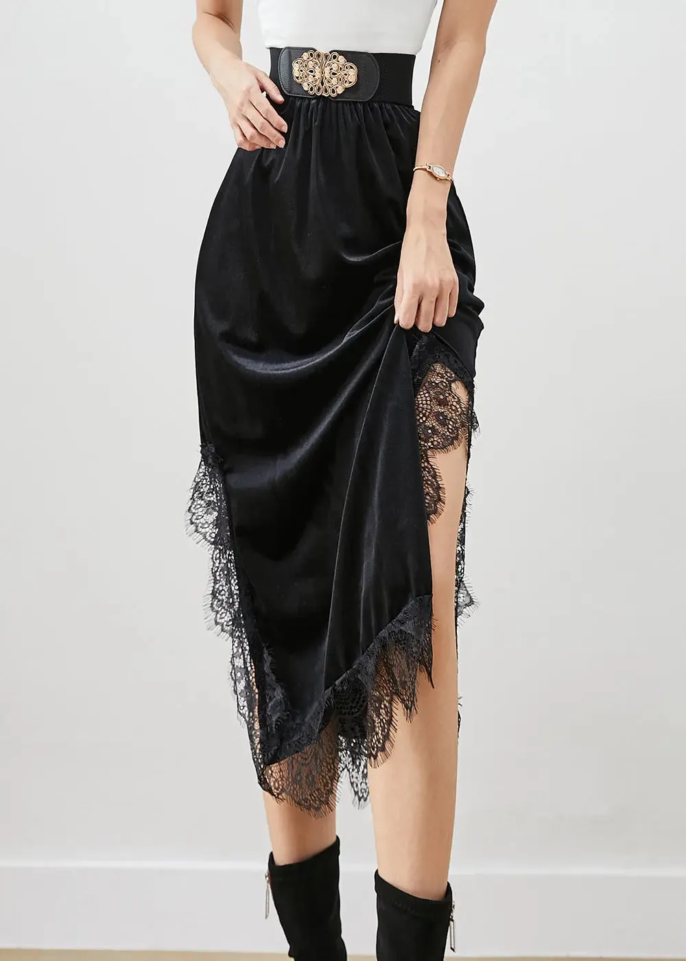 Lace Side Open Silk Velour Skirts Fall