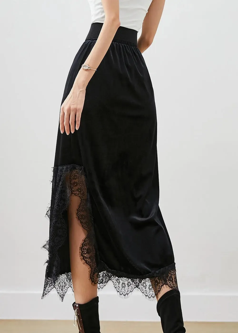 Lace Side Open Silk Velour Skirts Fall
