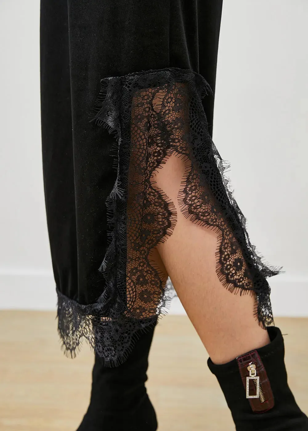 Lace Side Open Silk Velour Skirts Fall