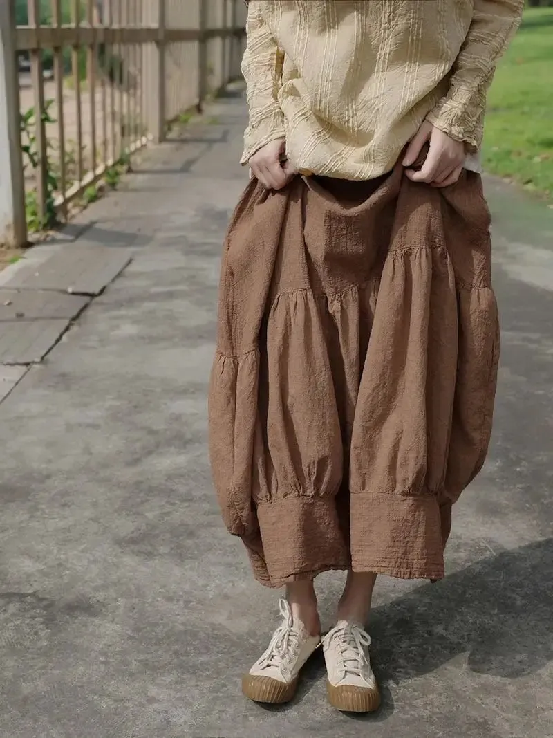 Linen Skirt Vintage Caramel Linen Lantern Skirt with Artistic Flair