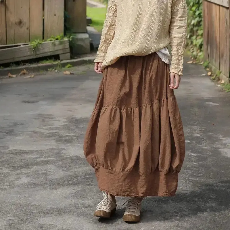 Linen Skirt Vintage Caramel Linen Lantern Skirt with Artistic Flair