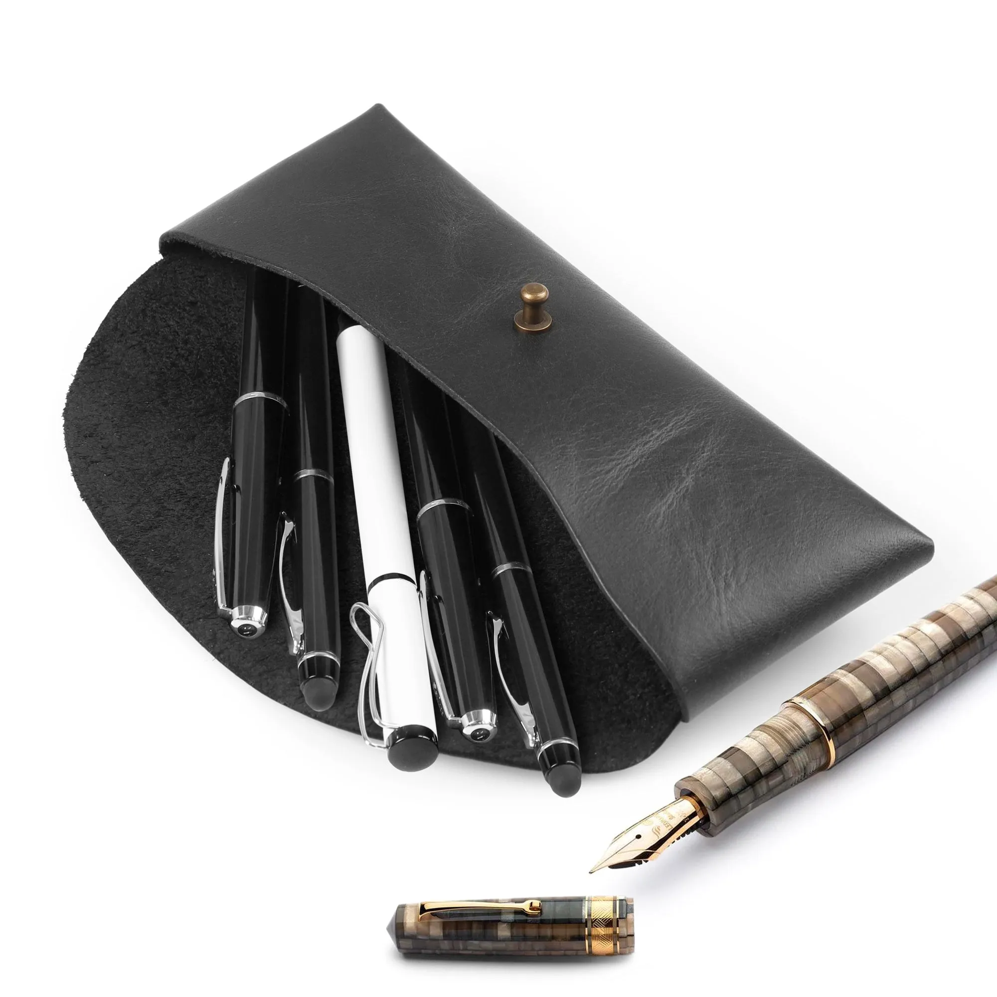 Londo Top Grain Leather Pen Case with Metal Snap Fastener, Pencil Pouch Stationery Bag