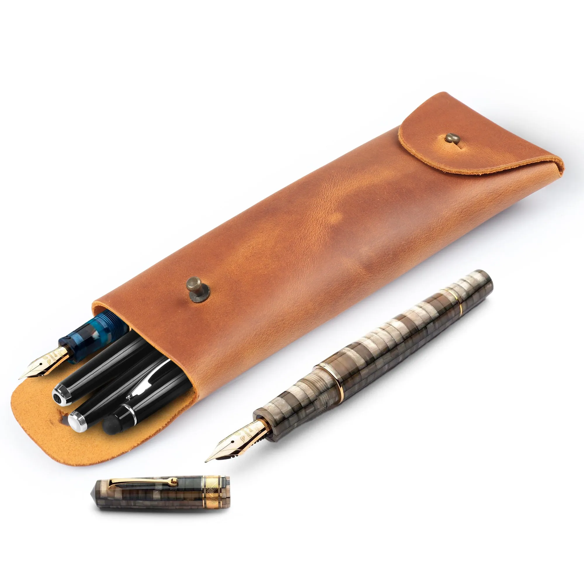 Londo Top Grain Leather Pen Case with Metal Snap Fastener, Pencil Pouch Stationery Bag