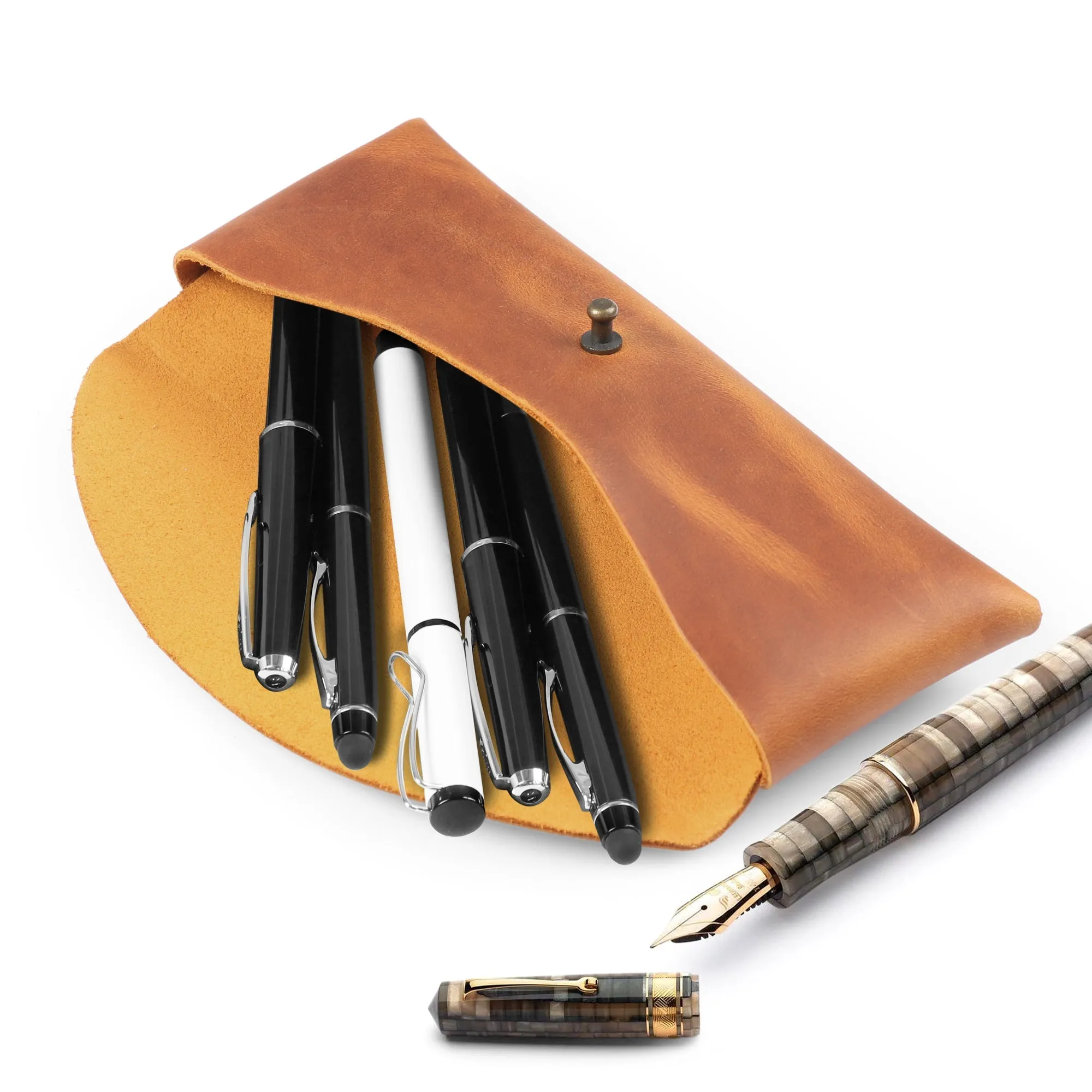 Londo Top Grain Leather Pen Case with Metal Snap Fastener, Pencil Pouch Stationery Bag