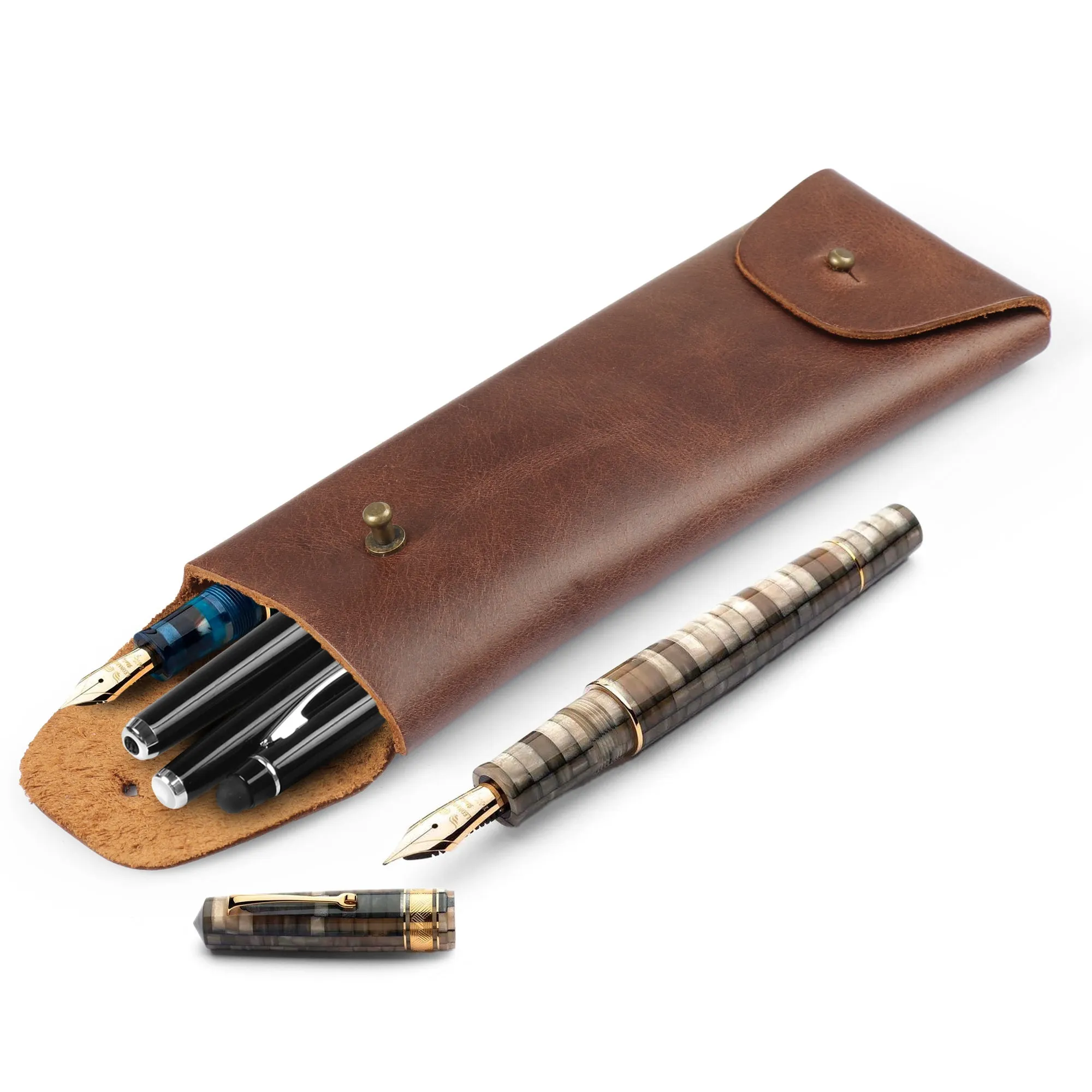 Londo Top Grain Leather Pen Case with Metal Snap Fastener, Pencil Pouch Stationery Bag