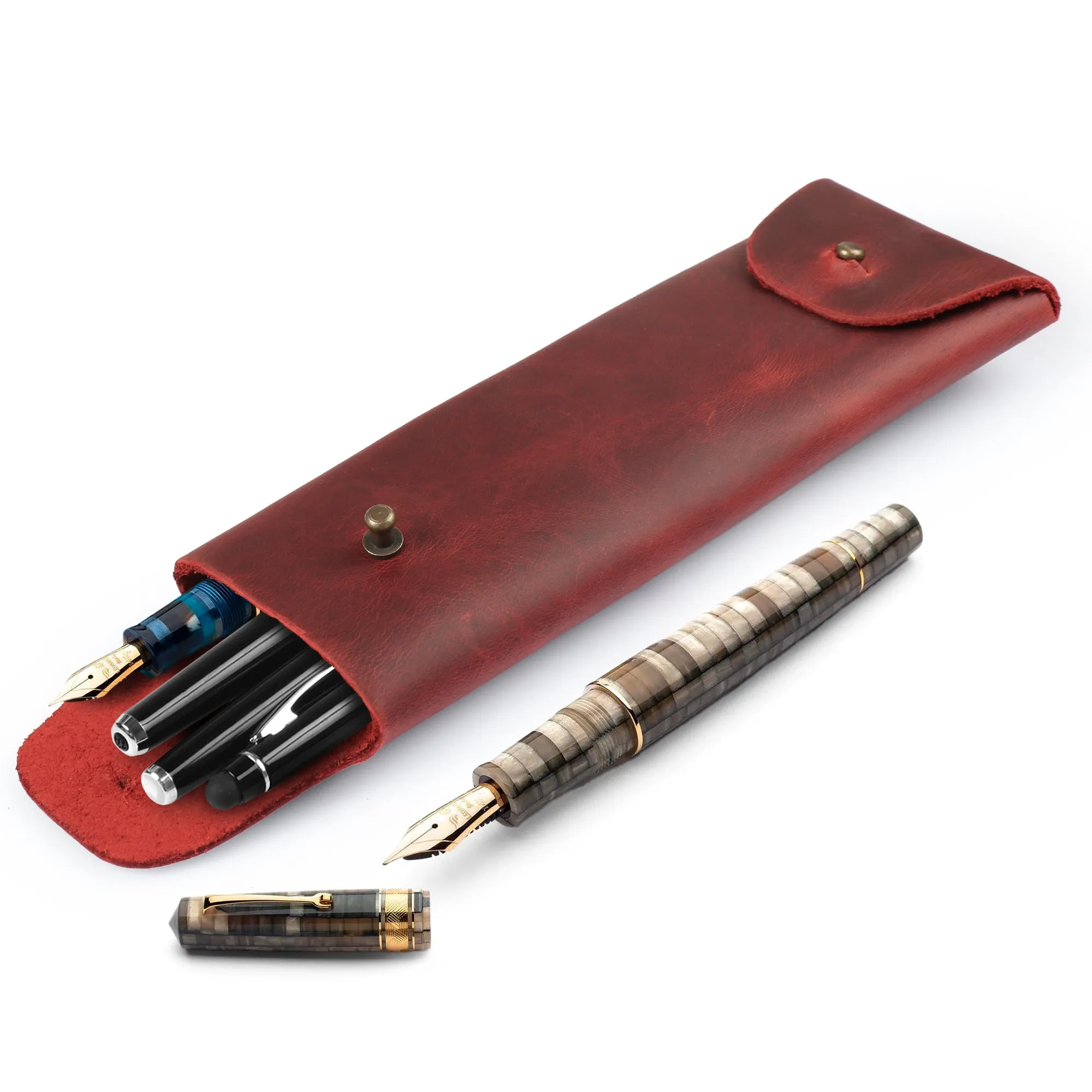 Londo Top Grain Leather Pen Case with Metal Snap Fastener, Pencil Pouch Stationery Bag