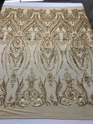 Matt gold princess design embroidery with sequins on a 4 way Stretch Mesh-dresses-sold by the yard
