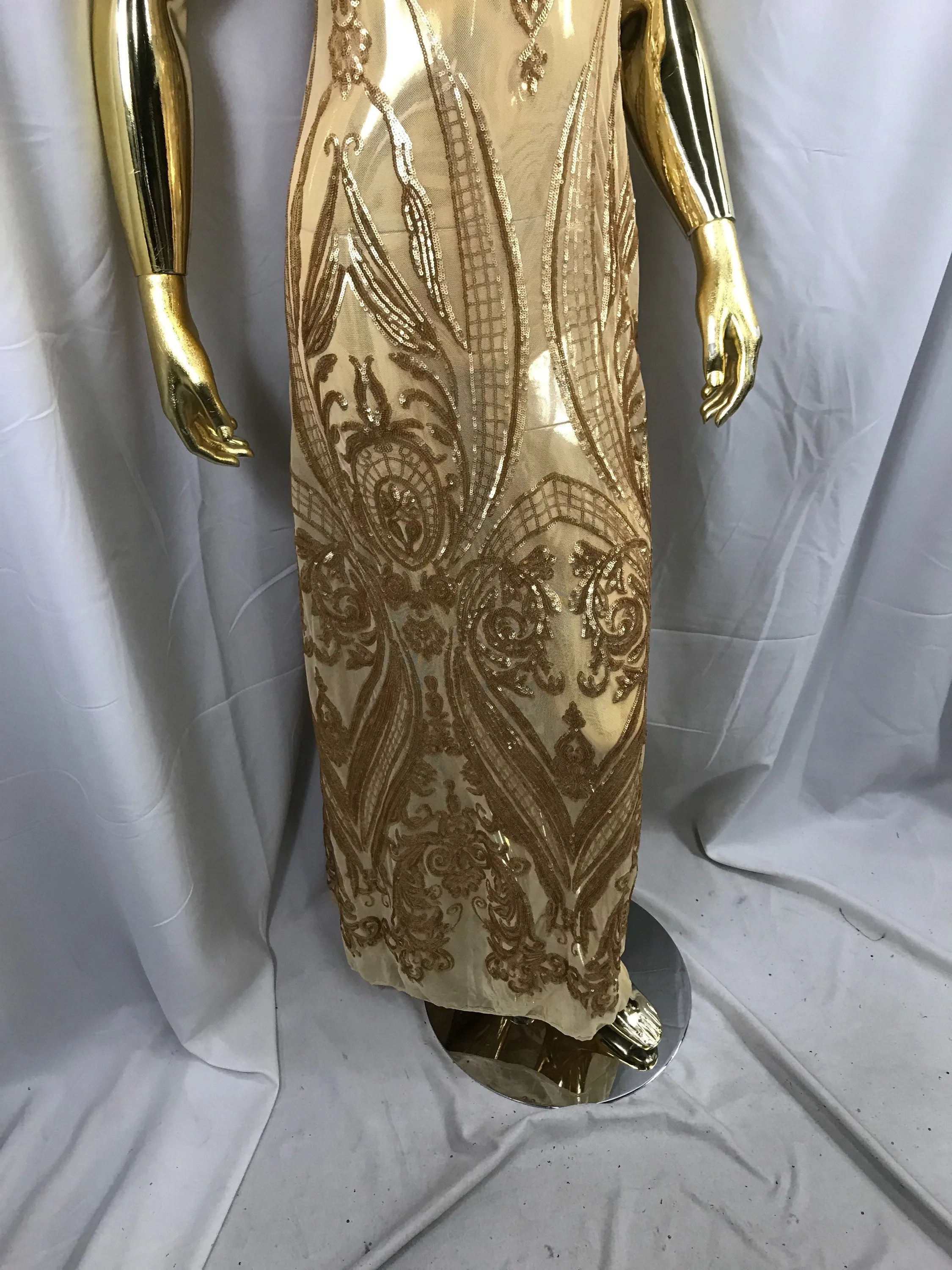 Matt gold princess design embroidery with sequins on a 4 way Stretch Mesh-dresses-sold by the yard