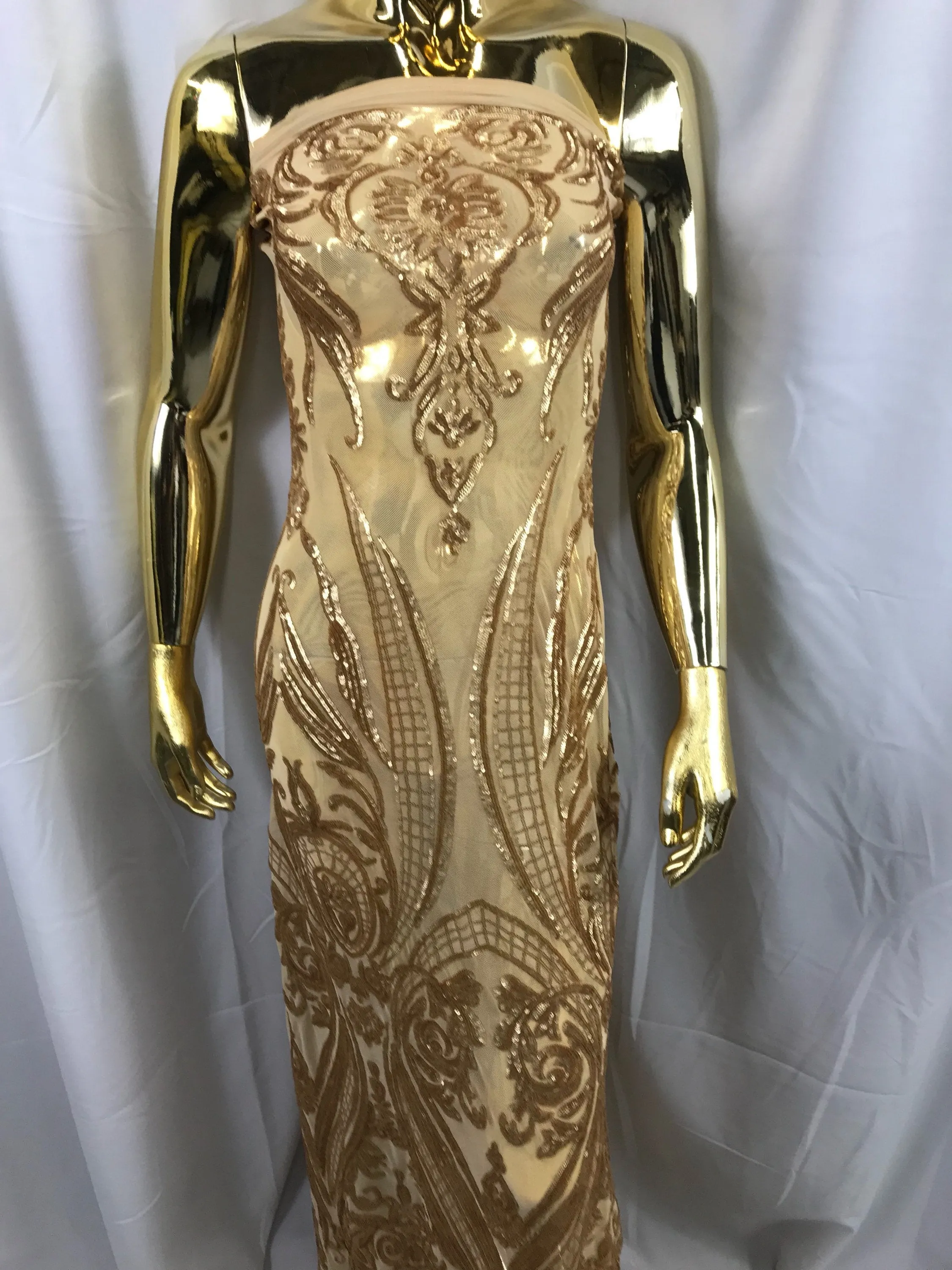 Matt gold princess design embroidery with sequins on a 4 way Stretch Mesh-dresses-sold by the yard