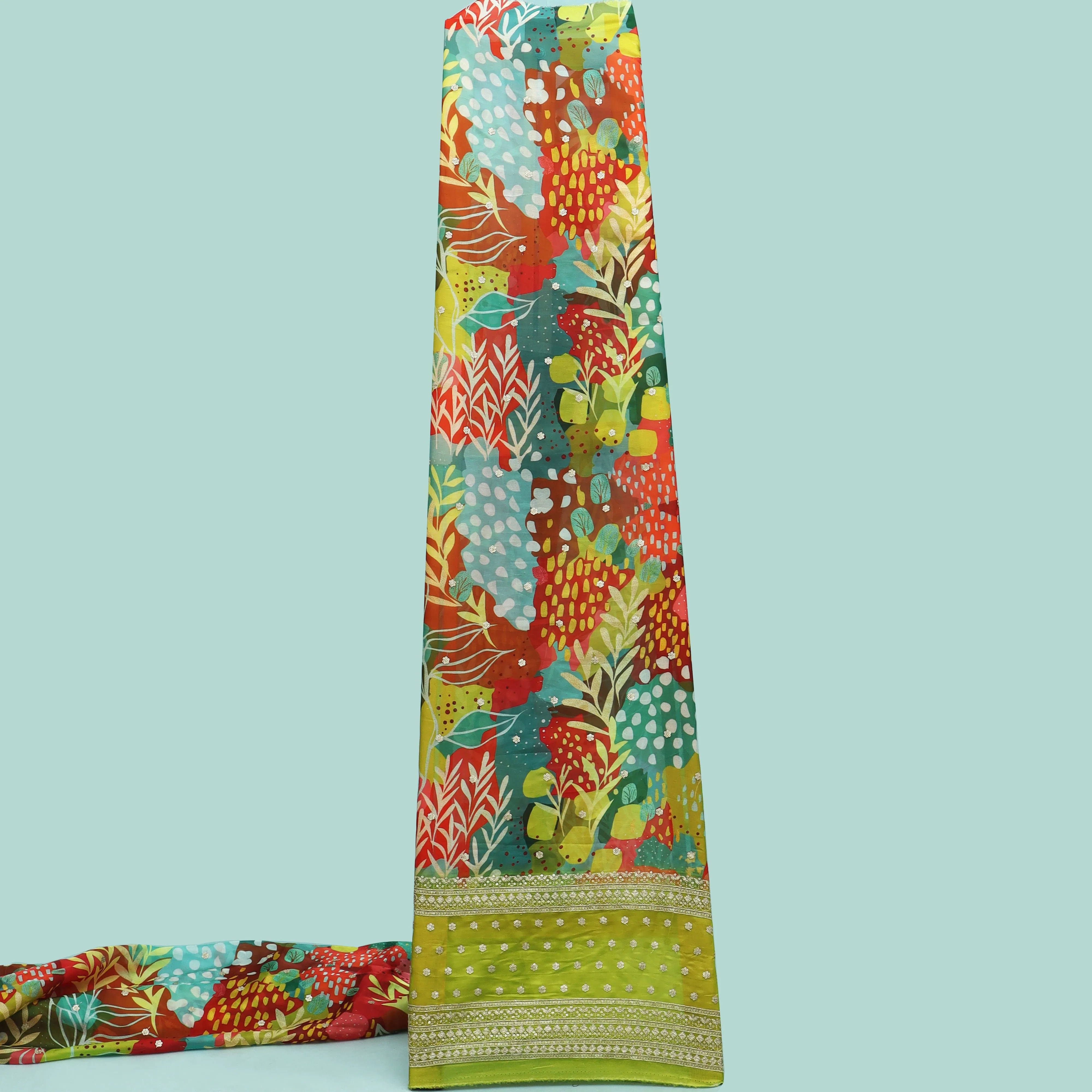 Mehandi Green Color Organza Print Embroidery Fabric