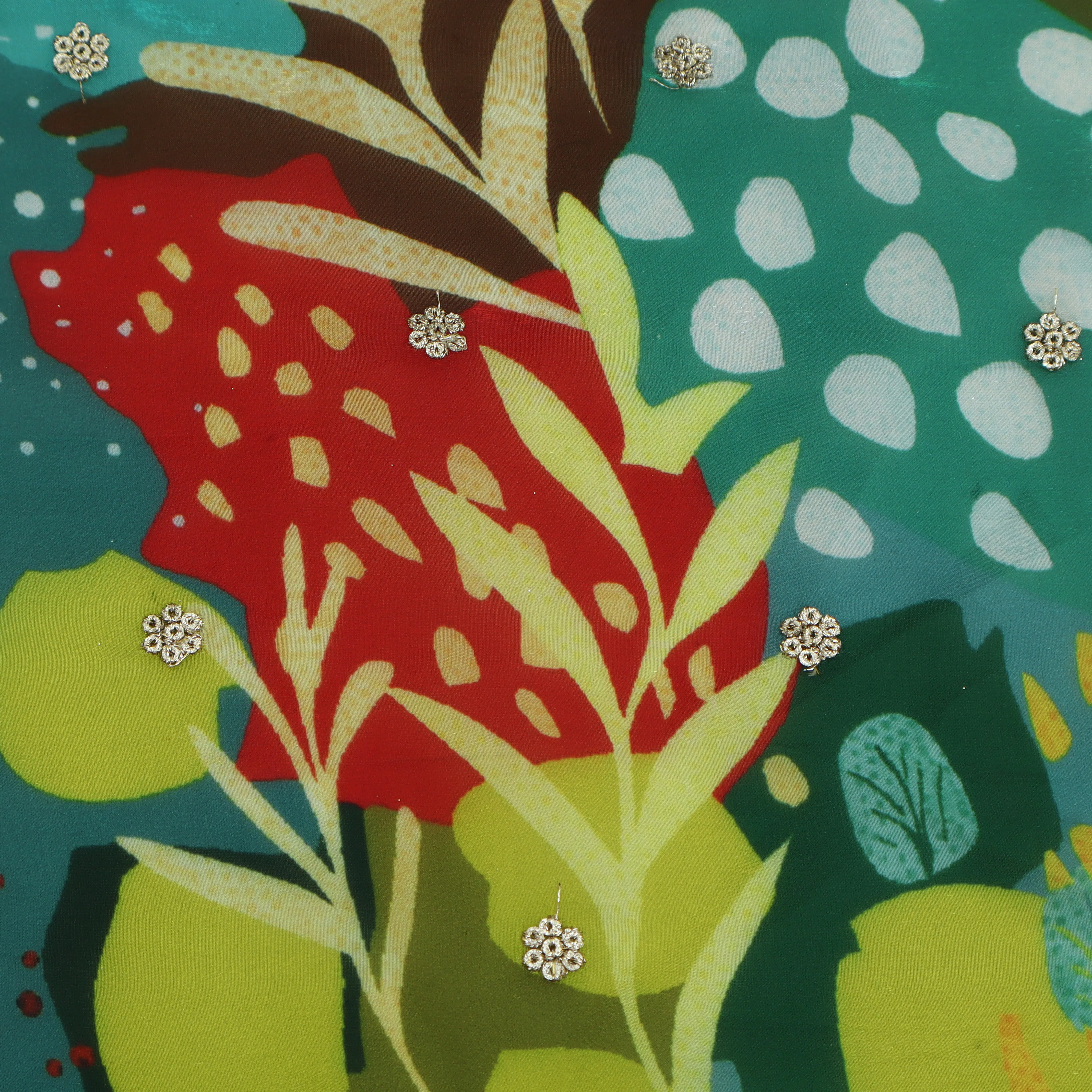 Mehandi Green Color Organza Print Embroidery Fabric