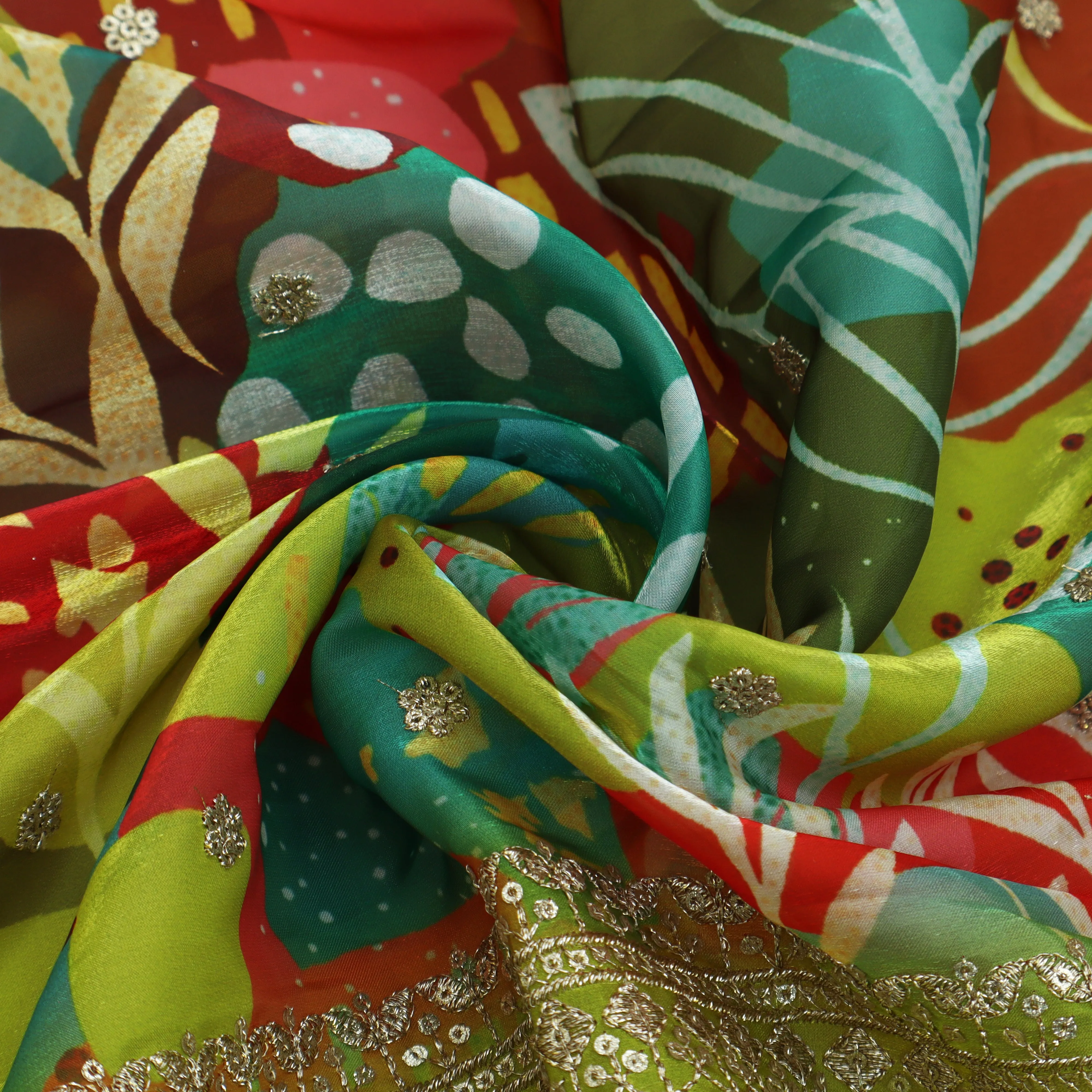 Mehandi Green Color Organza Print Embroidery Fabric