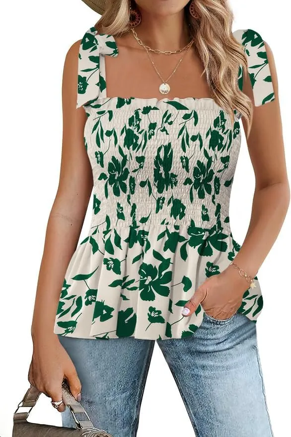 Micoson Ruffle Tank Tops for Women Summer Square Neck Sleeveless Tops Tie Shoulder Chiffon Blouse Babydoll Shirts Pink S