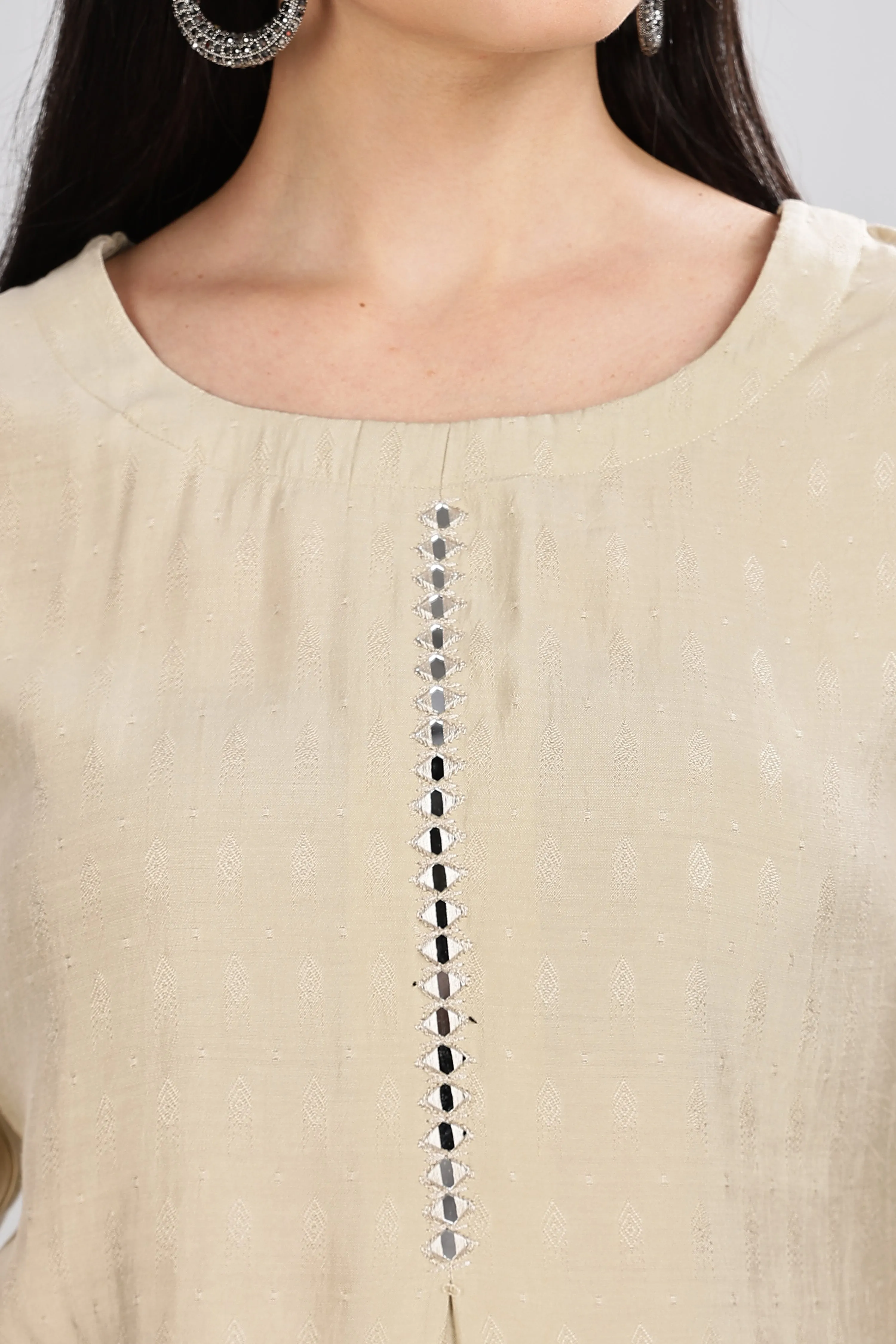 Mythri Round Neck Embroidered Top With 3/4th Sleeve  - Beige - TO16