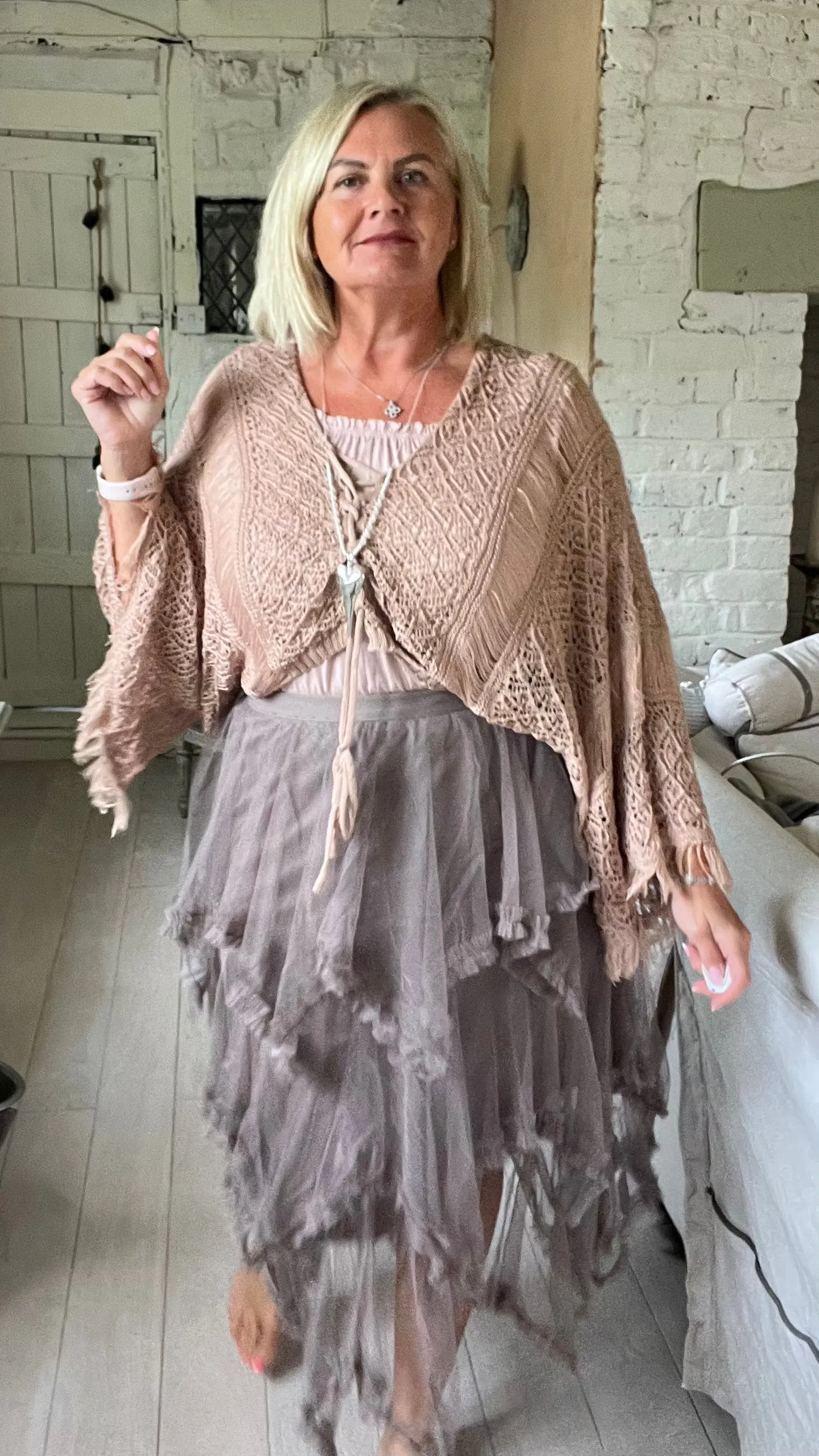 Naples Italian Womans Layered Mesh Tulle Skirt A-Line Tutu Skirt Casual Puffy Maxi Skirts Prom Skirt in Mocha